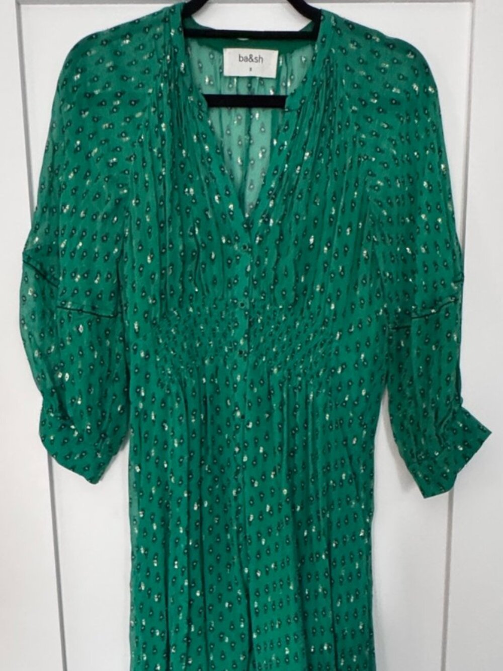 ba&sh Cyana Metallic Dot Smocked Midi Dress - Green, Like New - Picture 3 of 9